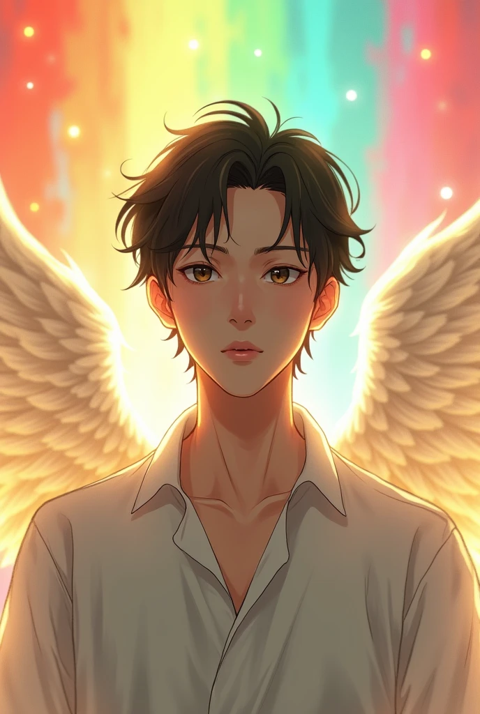 日本人male、Mysterious face、Beautiful angel wings、looking at the camera、Upper body image、Beautiful Face、30 years old、front、Smiling、Healing Face、male、White shirt、My chest is a little empty、Beautiful rainbow on background