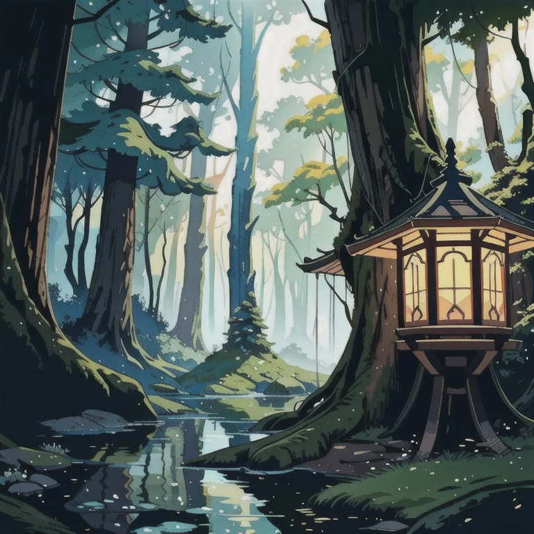 an ancient forest, Presented with digital painting techniques that are extremely delicate and high quality., reaching 8K resolution. The artwork has attracted a lot of attention on the ArtStation website due to its sharp focus., rich light changes, and a very complex central composition rich in details. Inspired by artists such as Lois van Baarle (loico), Ilia Kuvshinov, and Studio Ghibli, The website style features a chibi kawaii aesthetic with soft, watercolor-like color tones..