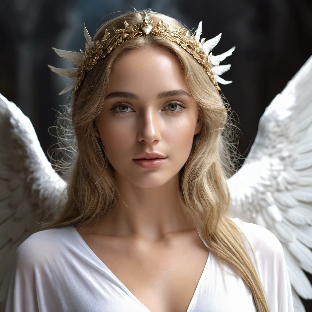 angel woman, very beautiful, angelic face , 4k, with white tunic, goddess body, detailed skin, photographic quality, head on.