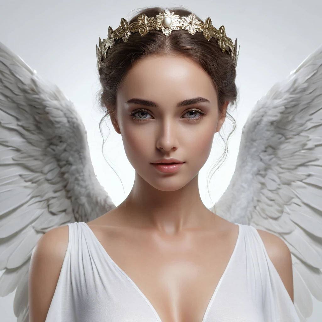 angel woman, very beautiful, angelic face  , 4k, with white tunic, goddess body, detailed skin,  photographic quality,  head on. 