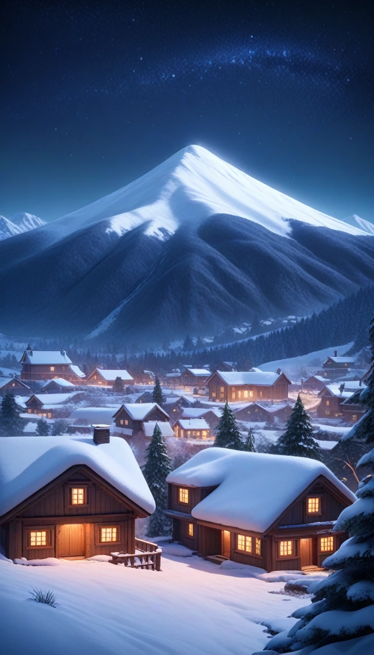 snow, landscape, outdoor, house, Sky, Mountain, Star \(Sky\), No humans, night, Starry Sky, Tree, night Sky, winter,, architecture, 少的Tree, Mountainous horizon, village, masterpiece, best quality, very aesthetic, absurd,