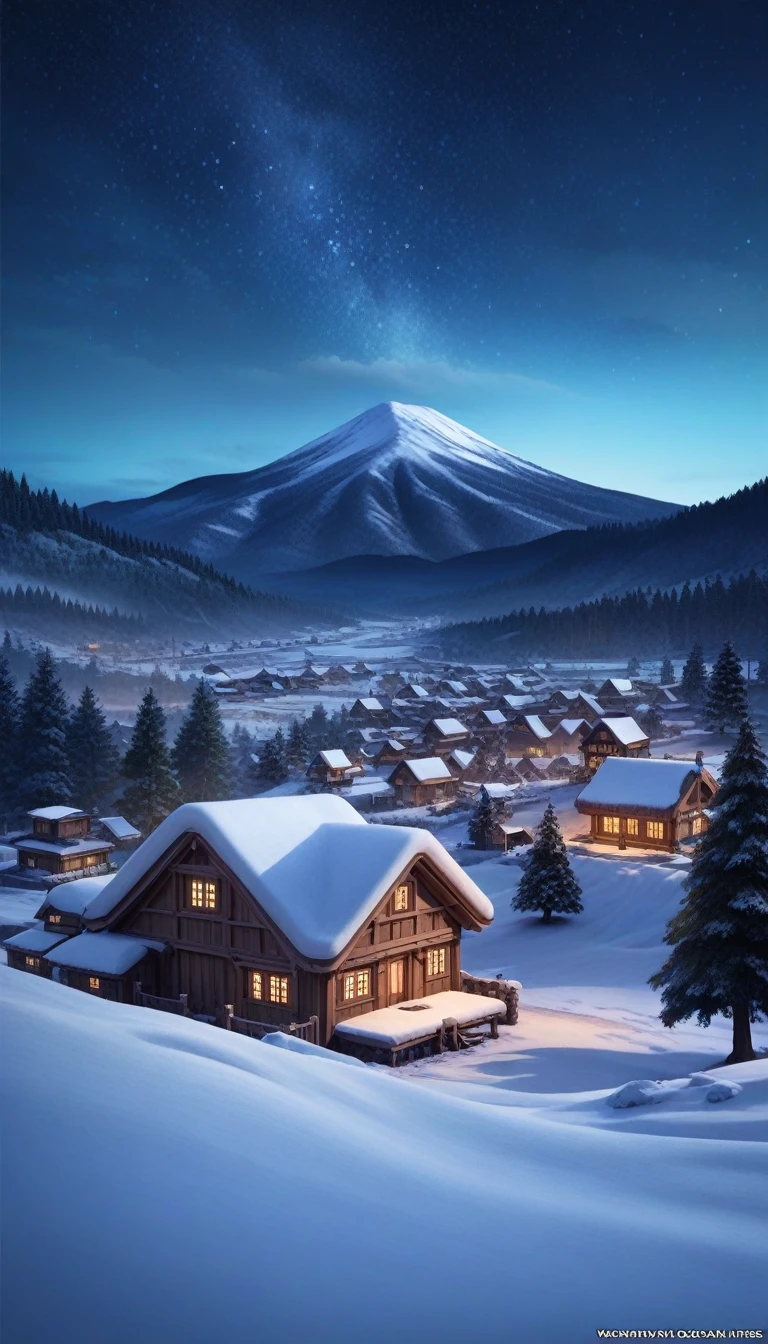 snow, landscape, outdoor, house, Sky, Mountain, Star \(Sky\), No humans, night, Starry Sky, Tree, night Sky, winter,, architecture, 少的Tree, Mountainous horizon, village, masterpiece, best quality, very aesthetic, absurd,