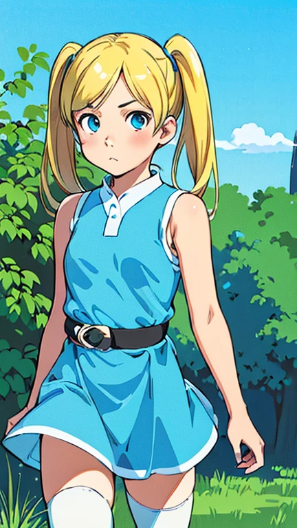 (1girl, (Bubbles:1.0)), (extremely detailed CG unit 8k wallpaper),(master part), (best quality), (ultra detail), (best illustration),(takamichi style), cowboy shot, (Sharp eyeliner, ombre, detailed eyes:1), garden, outdoors ,GHIBLI_Background, break , upper body,(yellow-blonde hair, blue eyes, short twintails, pigtails), (dress, sky-blue sleeveless dress, simple black belt, white thighhighs:1.5),(neutral pose, looking at viewer:1.2), (solo, one person, one subject:1.5),