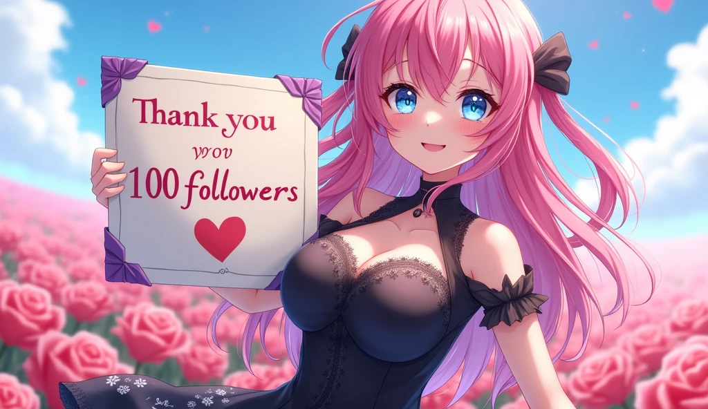 (best quality, ultra-detailed, photorealistic: 1.39), bright and vibrant colors, studio lighting, thank you card for 100 followers, hearts and kisses emoji, Yu-Gi-Oh style letter, purple details on the sides of the card, heart shaped poster, beautiful smile, anime style, Anime, Cute girl with big round breasts, with sparkling blue eyes, she wears a black dress with snowflakes on the dress, a field of roses in the background , her wavy pink hair with beautiful bangs meets with the blowing wind, she holds a sign written a message of thanks