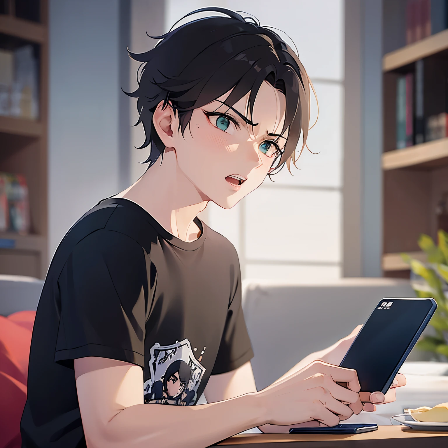 BREAK(25-year-old male:1.5) and (Brown short hair) and (Green Eyes)BREAK, (looking away:1.5),upper body、 (talking on the smartphone:1.5),(handling_smart_phone, smart_phone:1.2)、
shiny skin, masterpiece、Highest quality、
（black T-shirts:1.5) 
(angry:1.5),open mouth,The background is the living room、(alone:1.5)