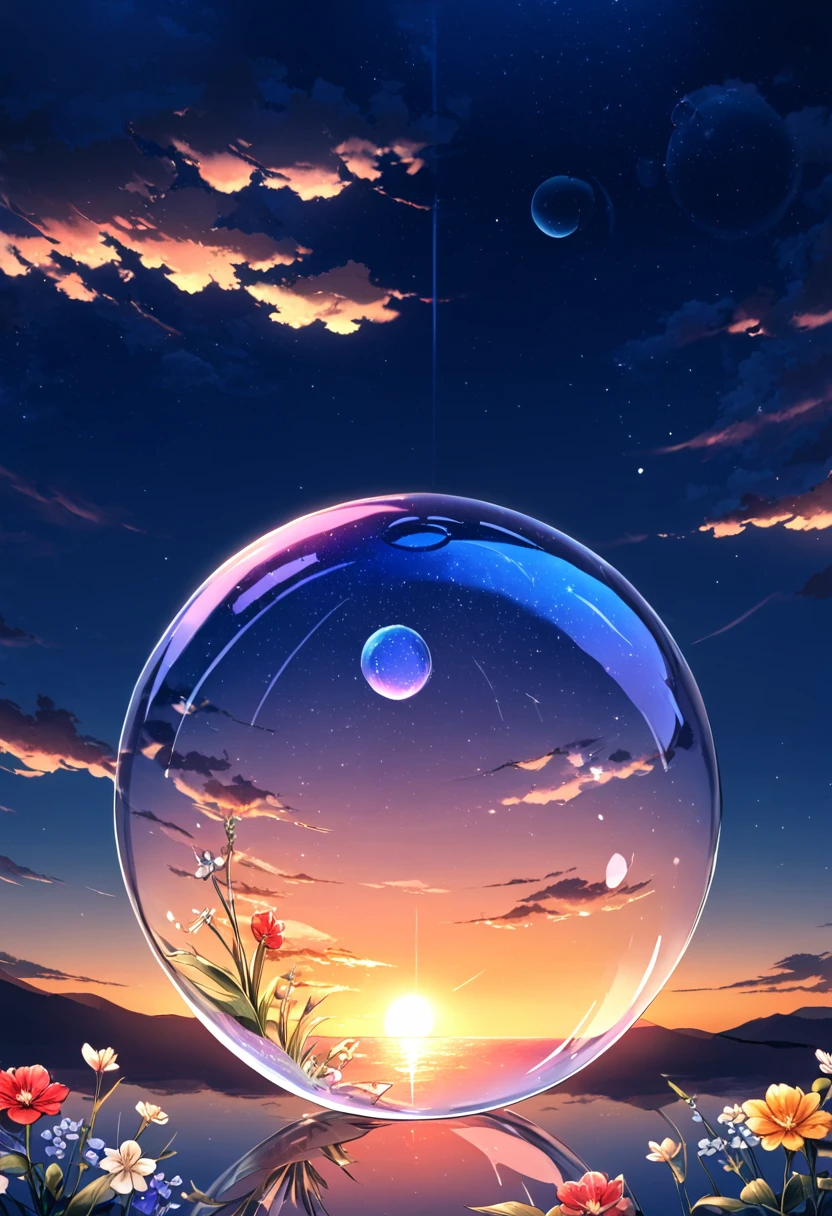 starry, starry light, night, colorful, cloud, star \(sky\), sunset, big Transparent glass sphere, Flowers bloom in a transparent glass sphere, beauty (star (sky))