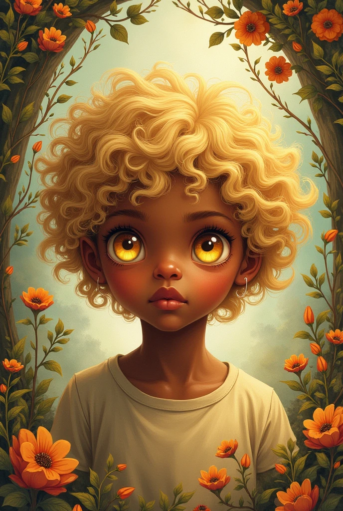 In the book drawing aesthetics of classic and ancient fairy tales, a with blond curls, yellow eyes and dark brown skin
