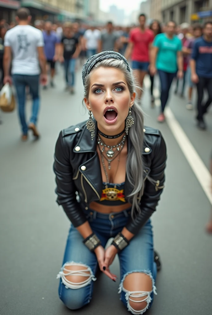 russian milf woman, grey hair (ponytail) and bandana as headband, with very light blue eyes, extremely pale. Wearing cropped black moto jacket with lots of zippers and pins, raggy cropped t-shirt with guns and roses logo, dark skinny blue jeans with worn knees and pointy black Chelsea boots with cuban heels  . Chokers. Lots of metallic bracelets and collars. Tacky wide studded eather belt with oversized skull and bones buckle. Long earrings. Kneeling like in a payer, a little bent, looking up, eyes and mouth wide open in amazement. Hands on her knees. Listening in amazement to somebody speaking to her, toned six pack abdominals, thin legs and thin arms. A lot of people around looking at her