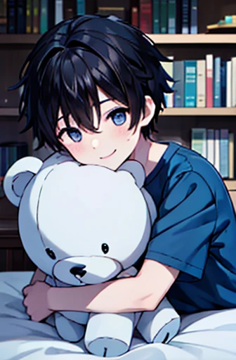 1 boy, he hugs a big white teddy bear, Upper body shot only, Black short hair, He is wearing a light blue shirt, He smiles gently., Bed, Bookshelf, ornamental foliage plant.