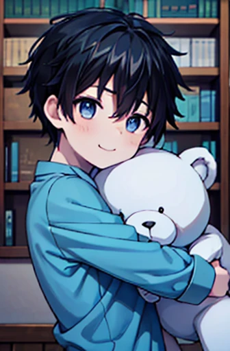 1 boy, he hugs a big white teddy bear, Upper body shot only, Black short hair, He is wearing a light blue shirt, He smiles gently., Bed, Bookshelf, ornamental foliage plant.