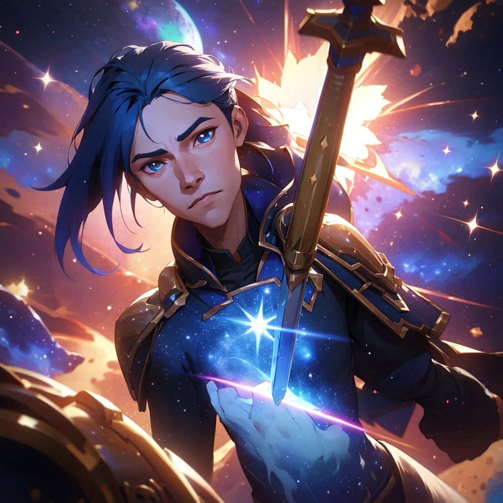 image of a paladin showing his bust in front of a starry sky with a gleaming sword on his back, best qualityer, detailded, 4K, CRU photo, work of art, detailded face,, stele, planetes, Galaxy, space,, a photo of anycemar flying in space, hair blue, bangss, long hair, looking ahead at viewer, 