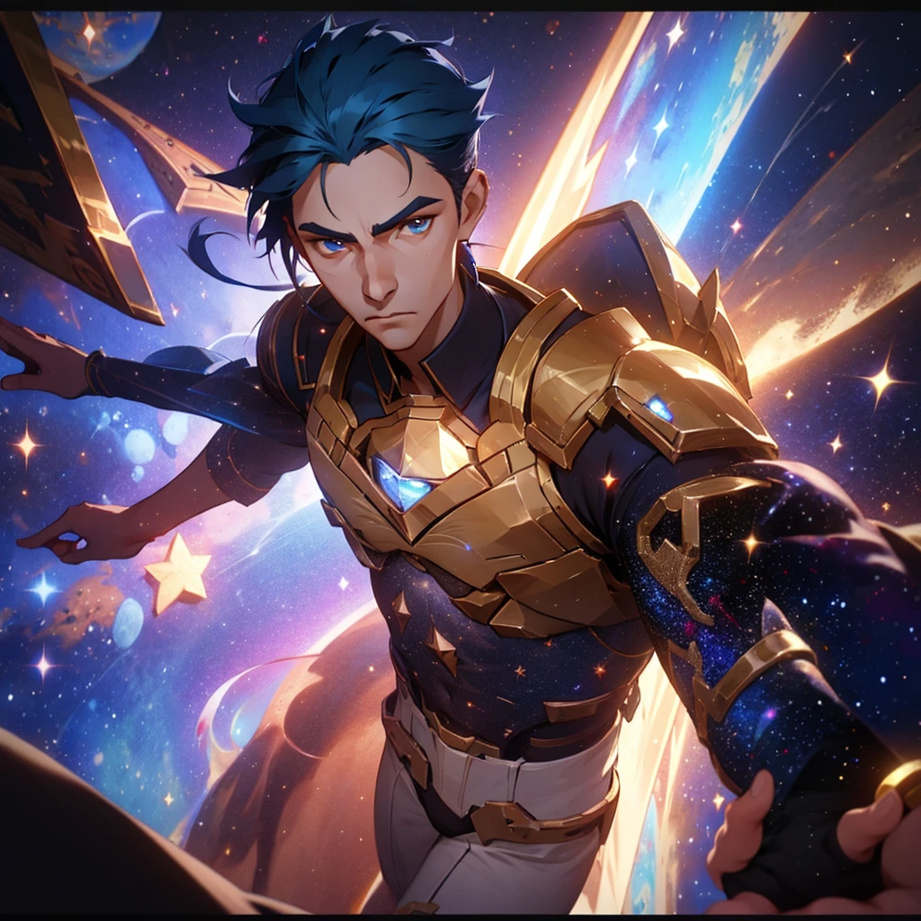 image of a paladin showing his bust in front of a starry sky with a gleaming sword on his back, best qualityer, detailded, 4K, CRU photo, work of art, detailded face,, stele, planetes, Galaxy, space,, a photo of anycemar flying in space, hair blue, bangss, long hair, looking ahead at viewer, 