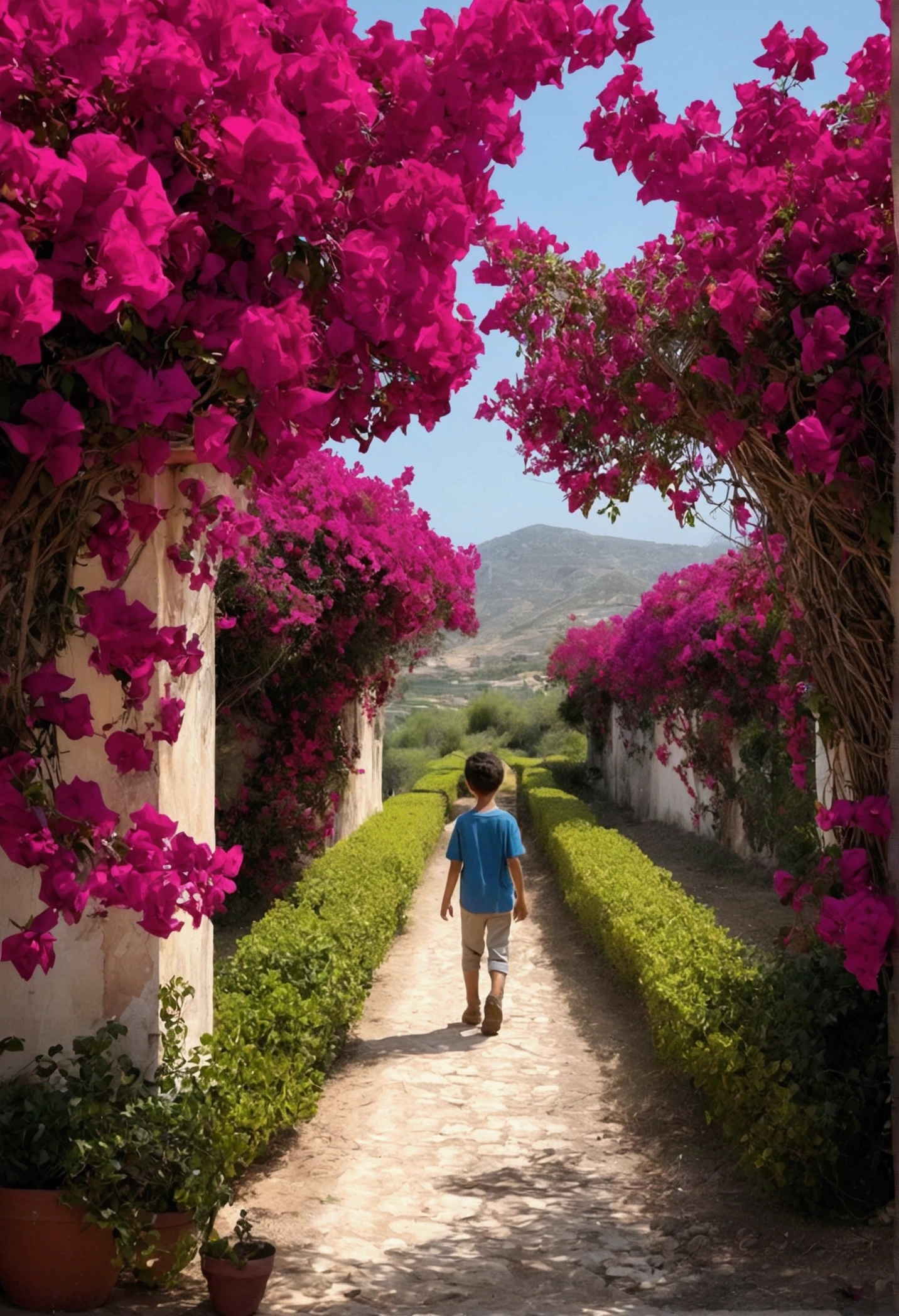 In the background a field full of bougainvilleas,a boy walking in the,a beautiful landscape 