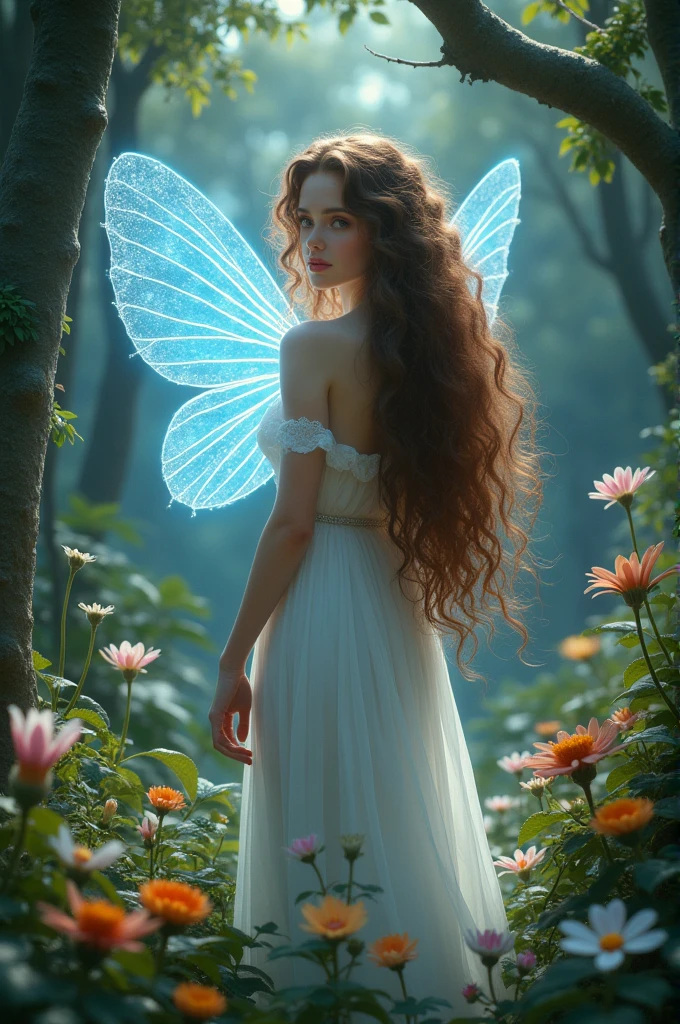 A white fairy with long brown curly hair in a real Garden of Eden and a blue star