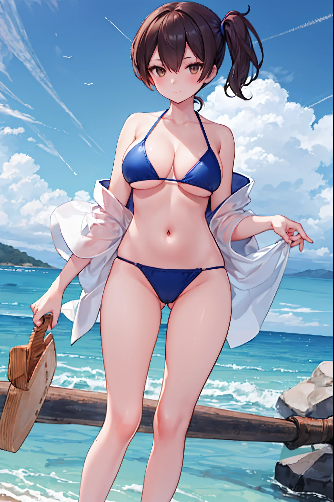 Beautiful illustration、top-quality、Kaga_kantaicollection
brown_hair, Side_Ponytail, brown_Eyes, Short_hair, (big_breasts:1.5) long_hair、Blue Bikini、 coast_landscape,(abs:0.5),navel,solo,(light_smile:0.6),(solo:1.5)。sandals,