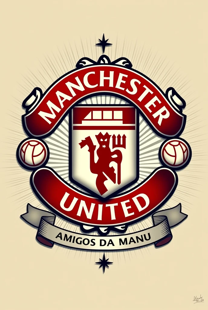 Old Manchester City crest with the initials U.T.F.C and below on the strip AMIGOS DA MANU