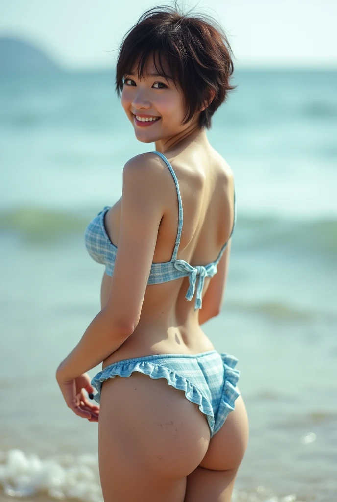 Japanese younger sister (Light blue plaid ruffled low rise bikini)Lens: 135mm f1.8,(Highest quality),(Tabletop:1.1), (Beautiful Japanese girl), Cute Face, (Cute Breasts), (Deeply carved face:0.7), (freckles:0.6), Pretty lips, Dramatic lighting, Dynamic Lighting, smile, Beautiful thighs, Pixie Cut, Beautiful thighs,  (Beach), (Turn around),(Cute face like an idol, sister, nude, erotic, sex, full body shot, spreading pussy)