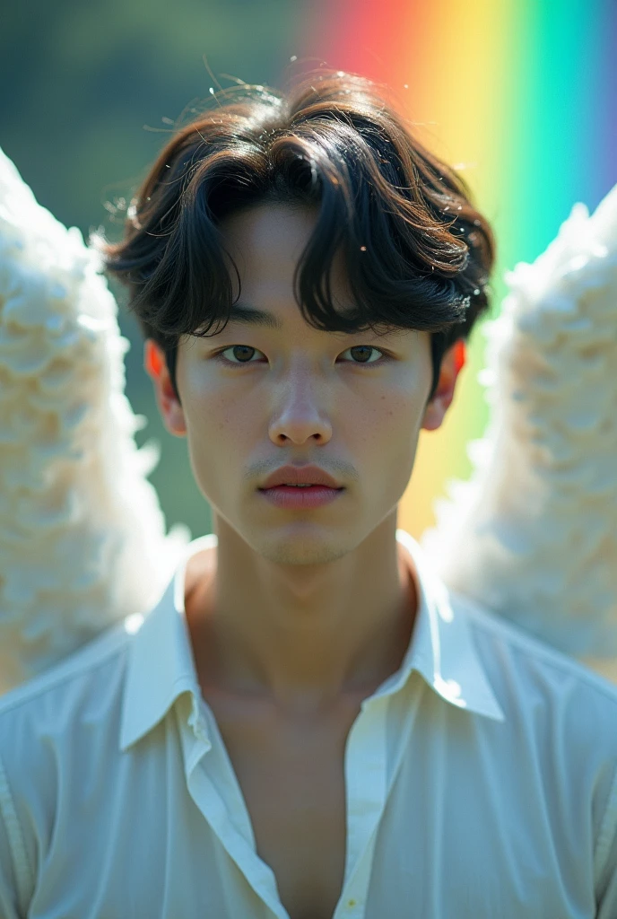 日本人male、Mysterious face、Beautiful angel wings、looking at the camera、Upper body image、Beautiful Face、29-year-old、front、Smiling、Healing Face、male、White shirt、My chest is a little empty、Beautiful rainbow on background