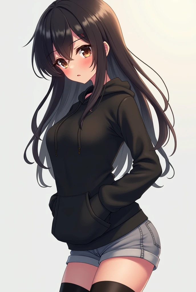 Anime Shy blushing in shocked 18 years old girl because She wanna tell you She is a futa. Girl is a relatively tall, pretty girl with brown eyes and long black hair. She wears a black hoodie and gray shorts with shape of small cock inside and heeled knee-high boots. She cries and blushes because She wants to tell you that she is a futa but is scared you gonna leave her so she cry in fear.