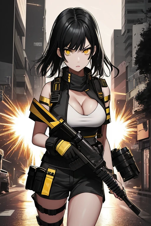 Black hair, yellow combat uniform, white tube top, cleavage, looking at camera, explosion, slender thighs, gun in hand, walkie-talkie to ear, Shibuya, knife, night sky  