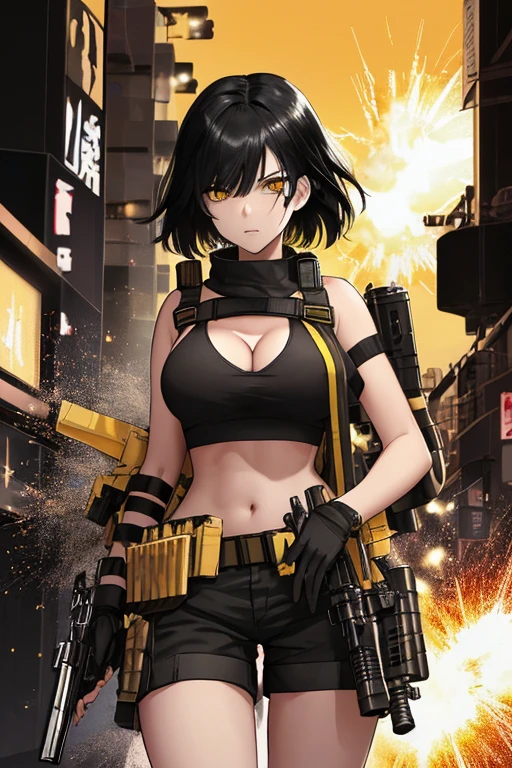 Black hair, yellow combat uniform, white tube top, cleavage, looking at camera, explosion, slender thighs, gun in hand, walkie-talkie to ear, Shibuya, knife, night sky