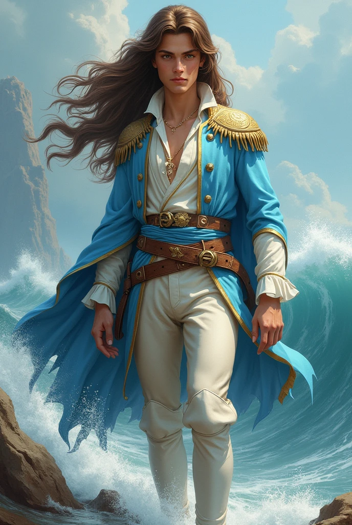 photo by full body, best qualityer, male ager with long brown hair, details Intricate, 真实感, light blue and gold musketeer clothes, with waves, whole body, full body, men's boots in white