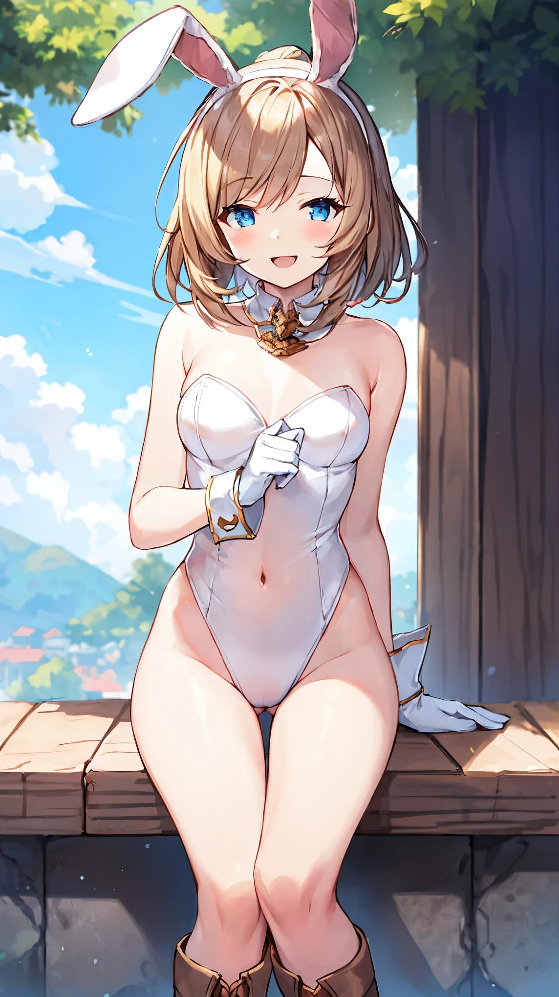 GRANBLUEfantasy,ung_teeirl,brown_hair,medium_bob_hair,platina_blond_hair,white_leotard,covered_crotch,thigh-highs,smile,standing,bluesky_landscape_background,slightly_spread_legs,happiness, short_gloves ,solo, r18, navel,relicbuster,short,boots,open_mouth,sitting,knees,blush,shy,bunny_ears
