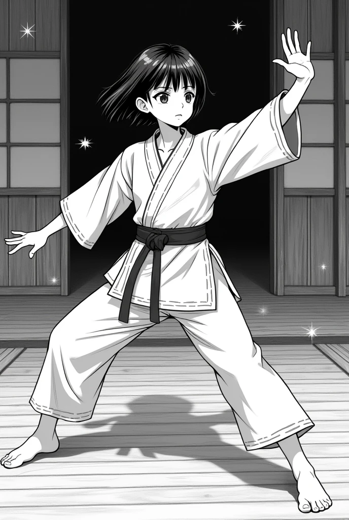 Girl, short stature, short black hair, white karategi, celestial belt, in a dojo, making elasticity, black and white manga style