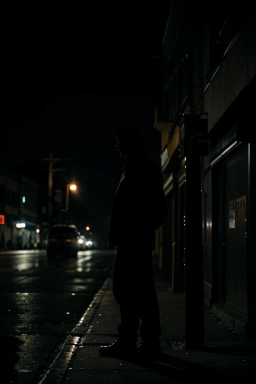 Silhouette of scary man standing on a lonely street corner on a dark night seen from afar