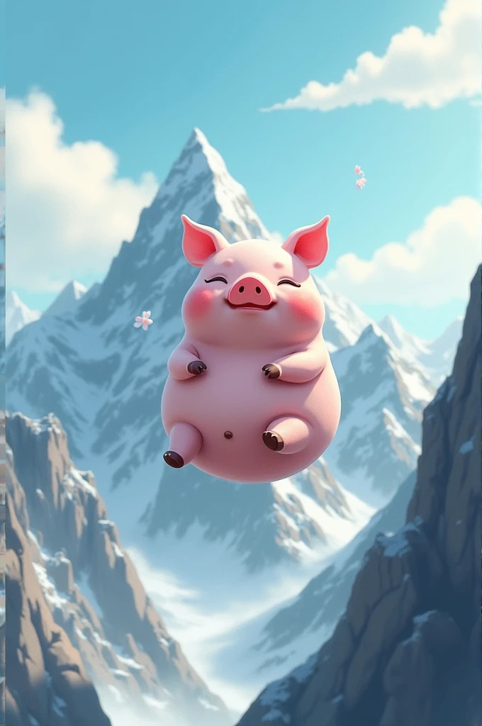 Pig falling slowly from a high mountain 