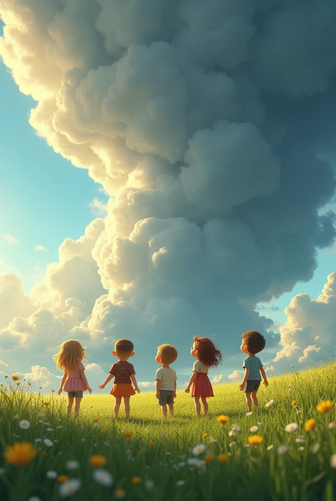 Create an image of a story where you can see children in a field looking at the sky because a grey cloud is approaching.