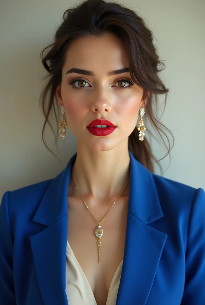 A Middle Eastern woman, very white fair skin and illuminated face, she wears bright red lipstick and eyeliner, your eyes are brown, the background is a light wall in a well-lit, realistic portrait mode photo, She is wearing a royal blue blazer and an off white blouse with a gold necklace and earrings. 