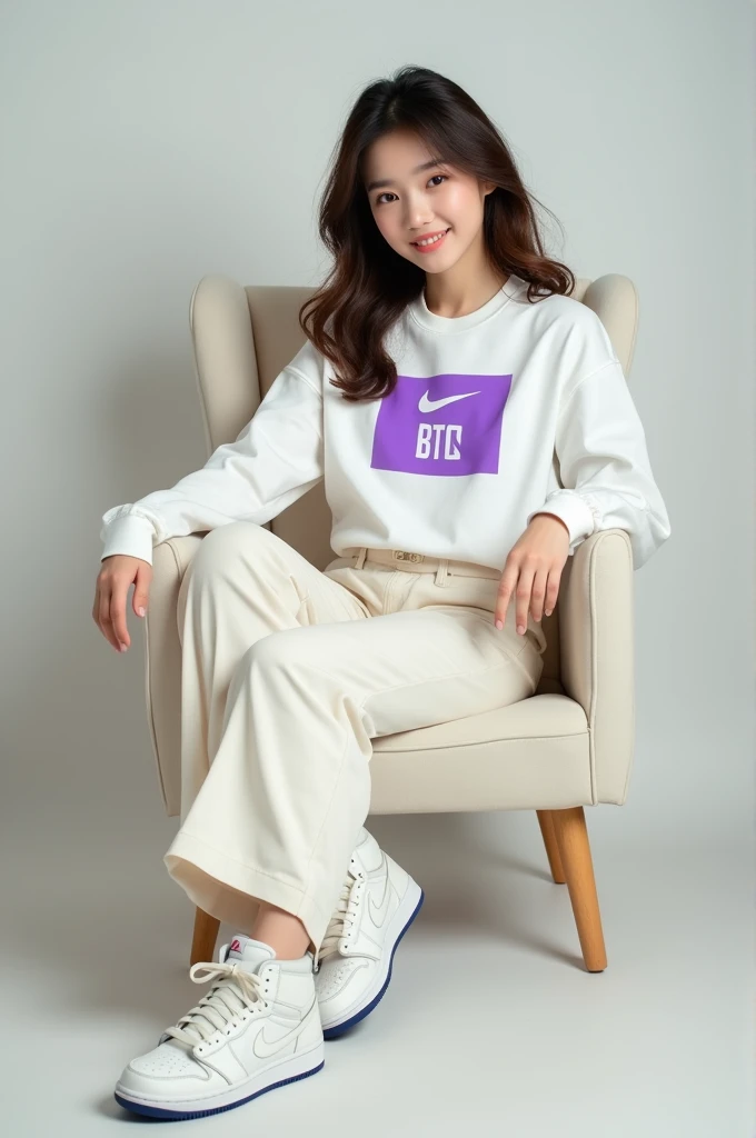 Generate a photo a cute girl sitting on the chair and wear white top with purple colour BTS logo court and nike air jordan shoes