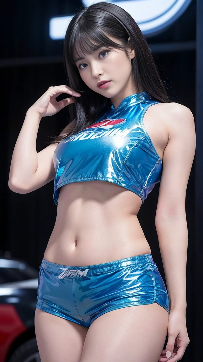 (masterpiece), (Racing Girls), Black Hair, A faint smile,Highly detailed eyes and face, Jet Black Hair、Straight Hair、Beautiful and delicate eyes, , (big breast), (Highest quality, High resolution, reality, original, 8k,masterpiece, ),(((Blue very short thong shorts))),(Vibrant colors:1.2),Exhibition Hall、Convention Hall、motor Show、Beautiful lighting、Blue racing car、((japanese racequeen))、((Extremely short, tight-fitting T-back shorts:1.5))、((Beautiful ass))、((Back view))、A blue car is on display.、(((Protruding buttocks:1.3)))、((Shiny enamel costume:1.2))、((from below:1.4))、((Low rise:1.4))