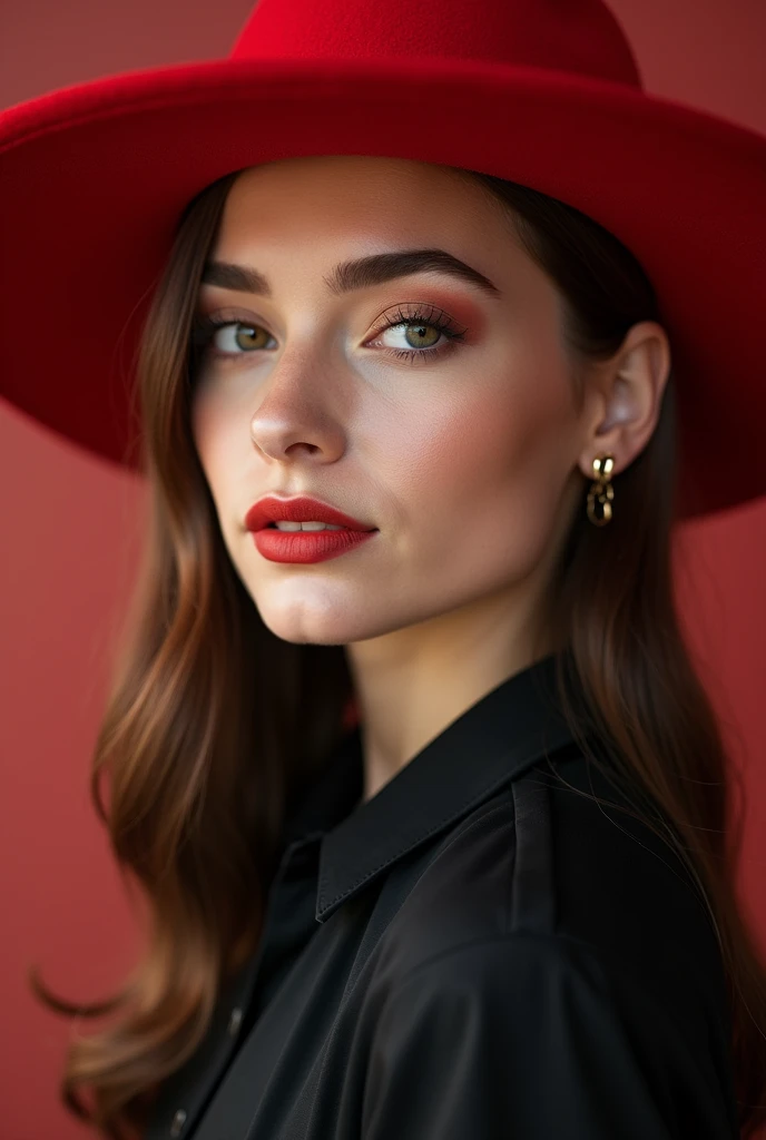 a close up of a woman wearing a red hat and black shirt, red hat, red dress and hat, with hat, anna nikonova aka newmilky, she is wearing a hat, red and black tones, red cap, in red and black, lovely woman, black and red tones, cute woman, accents of red, attractive and beautiful, yelena belova