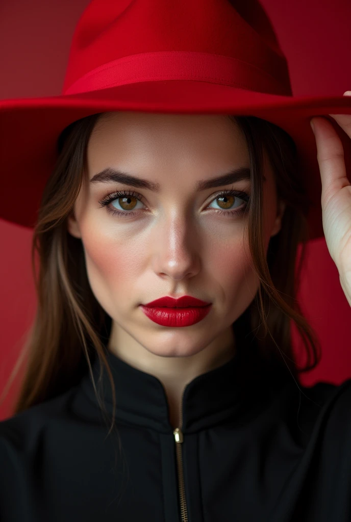 a close up of a woman wearing a red hat and black shirt, red hat, red dress and hat, with hat, anna nikonova aka newmilky, she is wearing a hat, red and black tones, red cap, in red and black, lovely woman, black and red tones, cute woman, accents of red, attractive and beautiful, yelena belova