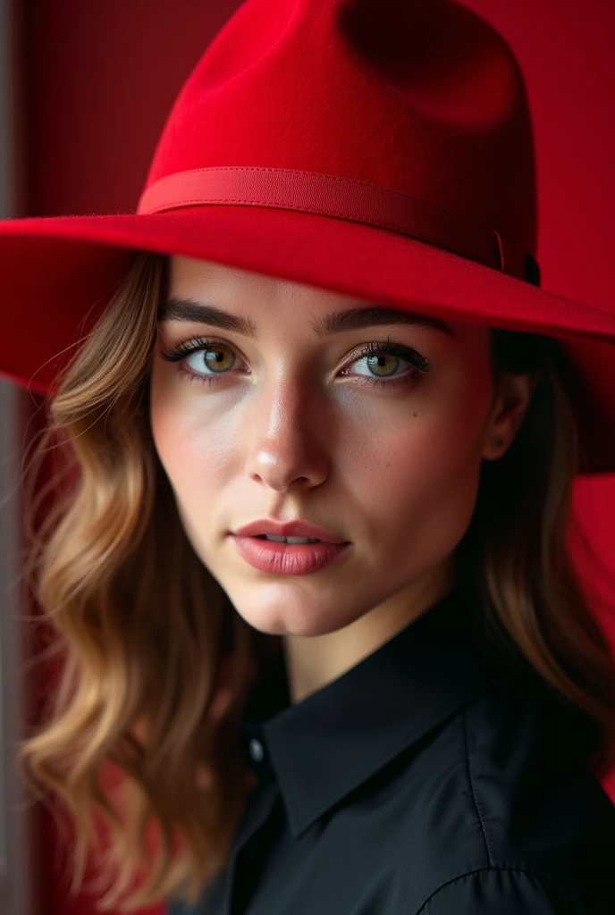 a close up of a woman wearing a red hat and black shirt, red hat, red dress and hat, with hat, anna nikonova aka newmilky, she is wearing a hat, red and black tones, red cap, in red and black, lovely woman, black and red tones, cute woman, accents of red, attractive and beautiful, yelena belova