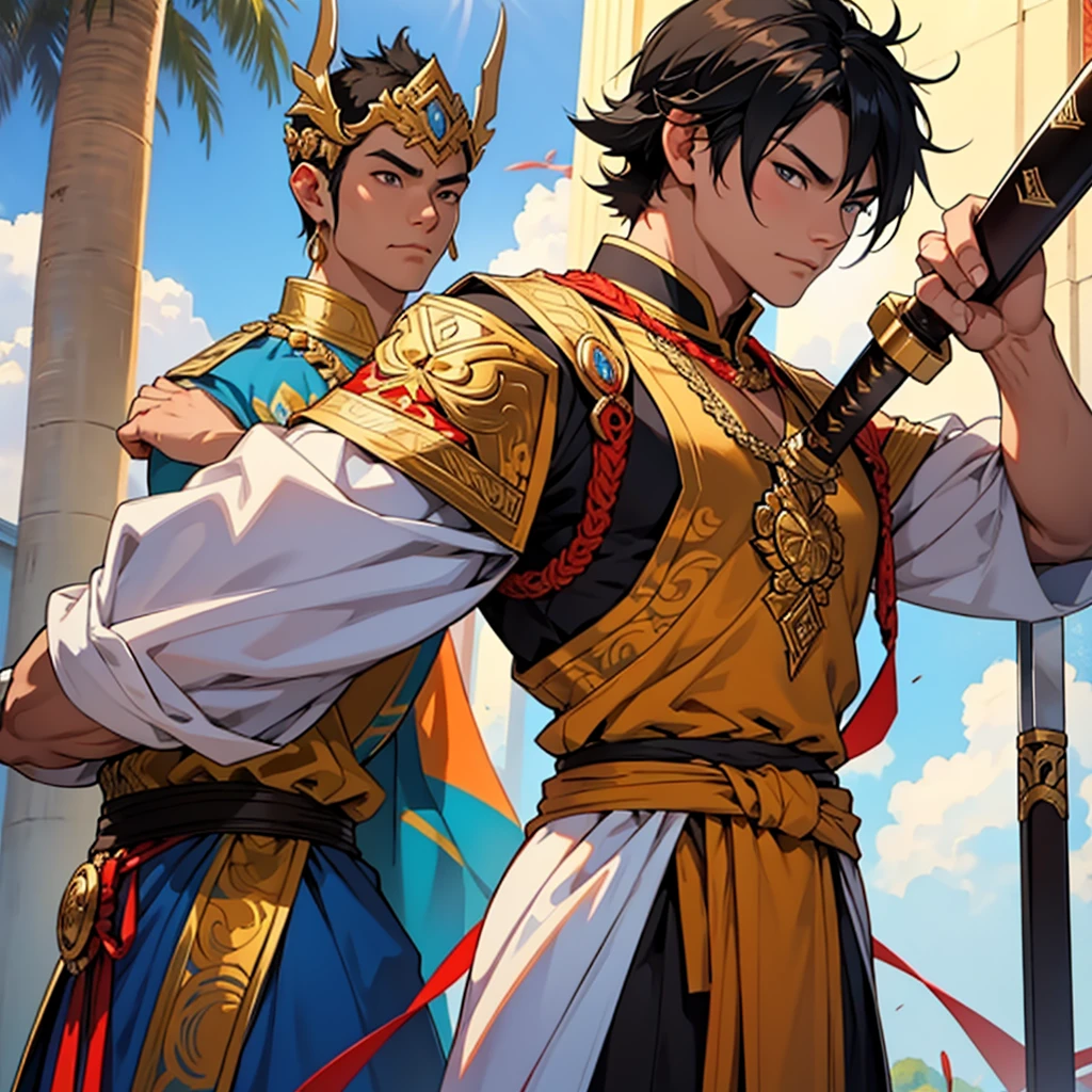 Single Thai male character,Wearing Thai warrior costumeมีอาวุทไทย,Wearing Thai warrior costume,Have leadership,One,black hair,Use Thai sword