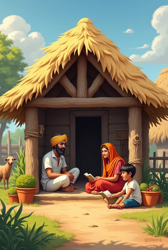 Prompt: A rustic village setting with a small thatched house. Ram Singh, a simple farmer, is seen talking to his wife, Kamla, inside their modest home. Their young son, Sundar, is playing outside with a book in hand, representing his desire to learn. The scene exudes simplicity and warmth, with fields in the background and farm animals nearby.