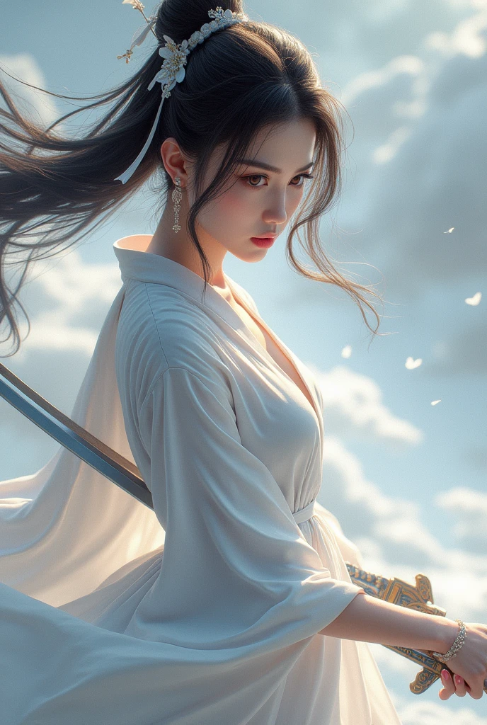 beautiful detailed woman in a flowing white dress, holding a sword, close-up portrait, hot on CGSociety, fantasy art, stunning portrait, artwork in the style of Guo Wei, Guo Wei, elegant white hanfu, flowing white robes, full body martial arts, epic and magnificent character art, breathtaking character art, beautiful female assassin