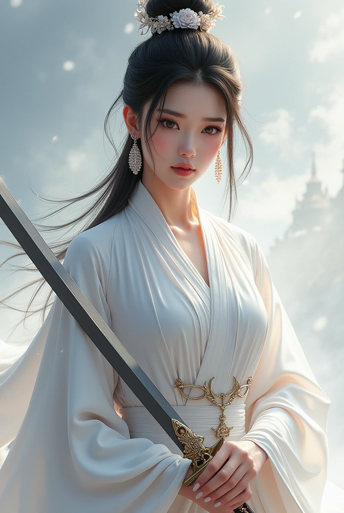 beautiful detailed woman in a flowing white dress, holding a sword, close-up portrait, hot on CGSociety, fantasy art, stunning portrait, artwork in the style of Guo Wei, Guo Wei, elegant white hanfu, flowing white robes, full body martial arts, epic and magnificent character art, breathtaking character art, beautiful female assassin