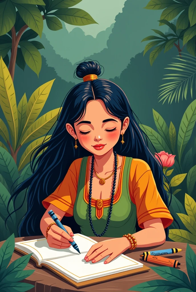 Igorot woman who is laying down while drawing and holding a crayon but make it clipart