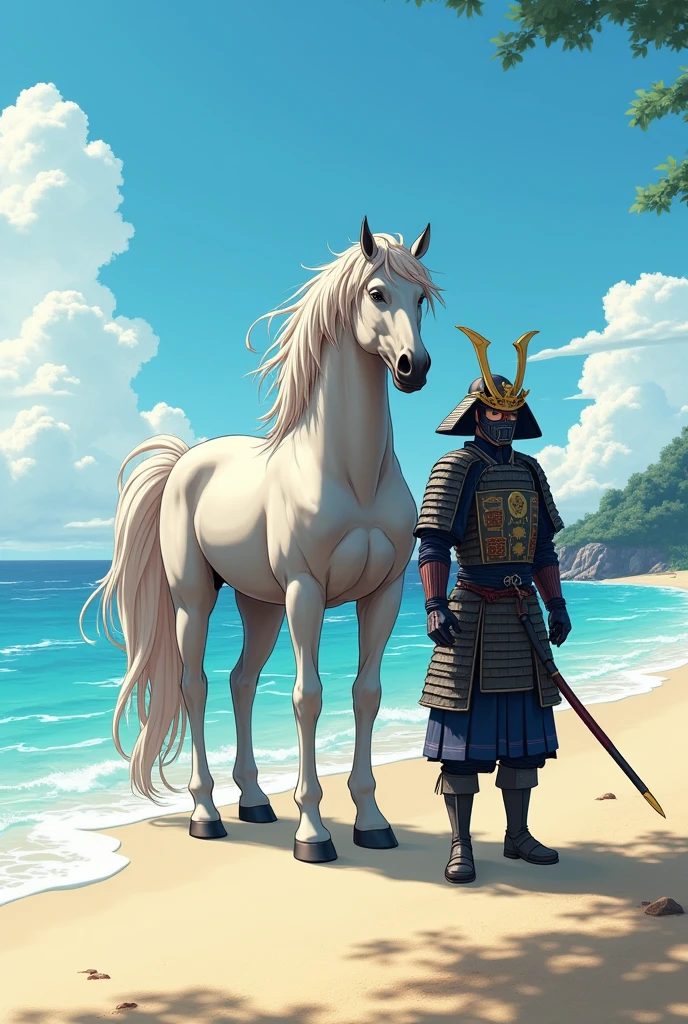 Generates the image of a horse on the beach next to a samurai
