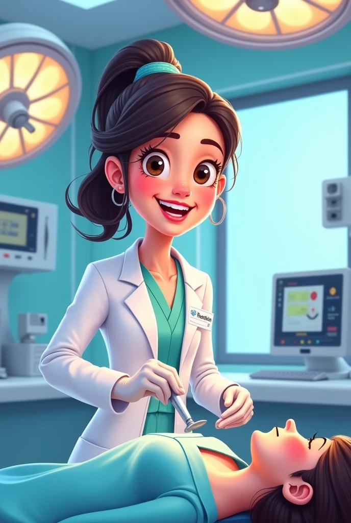 Create an image of a cartoon female plastic surgeon in the operating room