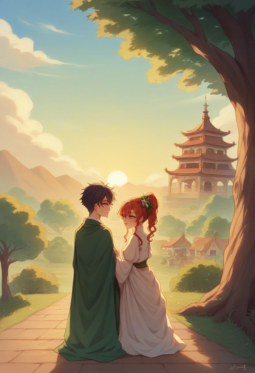 A romantic scene set in a small Pakistani village at sunset. Under the shade of an ancient banyan tree, a young couple, Zara and Ali, stand close together. Zara, with dark, expressive eyes and wearing a traditional shalwar kameez, looks up shyly at Ali, who is tall and gentle in appearance, wearing simple yet elegant traditional attire. The golden light of the setting sun casts warm hues on the landscape, highlighting the village in the background with its modest homes and the well where they first exchanged glances. The atmosphere is filled with love and the promise of a new beginning."