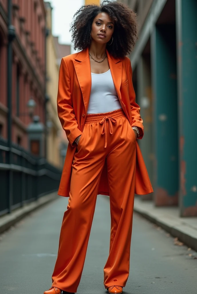 A striking photograph of a person confidently revealing their full potential through fashion. The individual is dressed in a stylish, well-coordinated outfit that reflects their personality and sense of self. They stand tall with a confident posture, perhaps smiling or looking determined, in an urban or modern setting. The background is subtly blurred, focusing attention on the person. The image should convey a sense of empowerment, self-discovery, and personal growth, with lighting that enhances the vibrancy of the outfit and the subject's aura