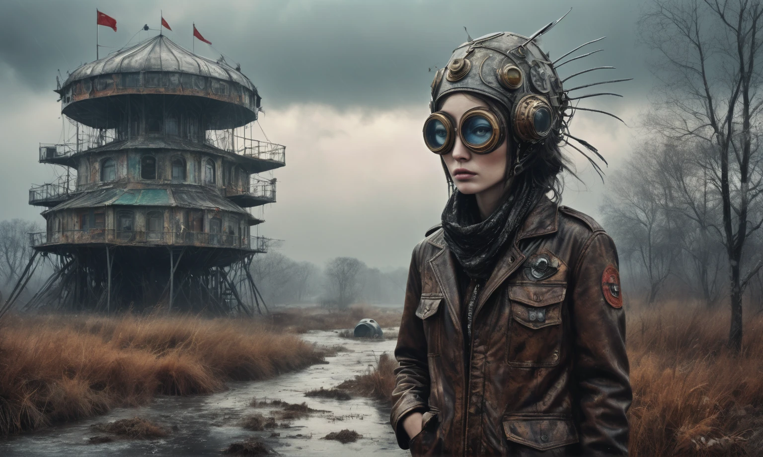 insane pilot from USSR , camouflage Rusty, after a psychiatric clinic,winter,intricate landscape,slate grey atmosphere,film grain,faded,eyes extremely detailed,another world,view from height,once pretty face,eyebrow up,full body shot,ominous landscape, Simon Stalenhag,Nicola Samori,full body shot,beggar paladium The Alien Entity,Technicolor,natural skin textures, hyper realism, hyper detailed,Extremely detailed,High contrast,Masterpiece,Realistic,Ultra Detailed, intricate details,realistic humid leather,extremly intricate,Epic Realistic, cinematic style,irina yermolova,high contrast,hdr,extremely detailed, deep night landscape,masterpiece,intricate details,faded,eyes extremely detailed, high detailed eyes,8k resolution,RAW,retina, Nikon Z9,China,tkt style, transition between two art styles, Ink painting to photorealism, Double contact, X-ray, Creative, vivid light, masterpiece, fantasy, Abstract Surrealism, super detailed, high resolution, stop:35;Her skin is pale, almost translucent,ancient rock,a hot air soars through the layers of clouds, revealing a colossal and enigmatic cityscape nestled within. The buildings in this ethereal city are adorned with intricate details and exude an aura of mystery. Above the cityscape, lend an enchanting touch to the scene. steampunk. The intricate mechanics create a sense of wonder and fascination, as if stepping into a dreamlike realism,Marta Bevacqua, ais-sinisterz, a derelict circus in the middle of a swamp, remnants of colorful tents, a silent carousel with spectral horses, all under a sky heavy with storm clouds