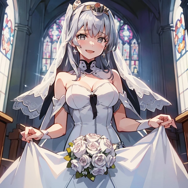 FuyutsukiKC,(Fuyutsuki) uniform,grey hair,long hair,
(masterpiece:1.4),(best quality:1.4), (premium:1.4), (great illustration:1.4), (ultra-detailed:1.4),(art CG, 8K), KonishiCSA,1girl,solo,
(princess line wedding dress:1.4),(Happy Smile:1.4),(cry:1.2),KonishiCSA,church,Stained glass,holylight,