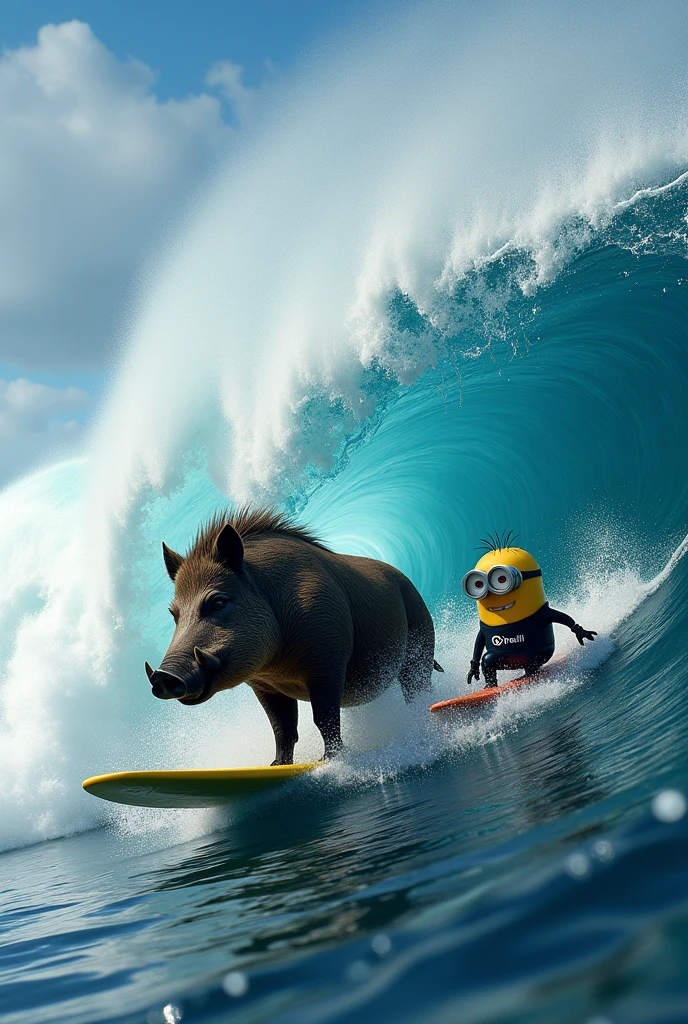 Une vague enorme ou surf un sanglier avec une vrai planche de surf et un minion qui surf sur la meme vague a côté avec une vrai planche de surf différente de celle du sangliers ( il ont tous les deux leur planche personnel) le minion porte une combinaison de surf integrale
e adaptés oû l'on voit distinctement marqué sur le torse de sa combinaison : O'NEILL