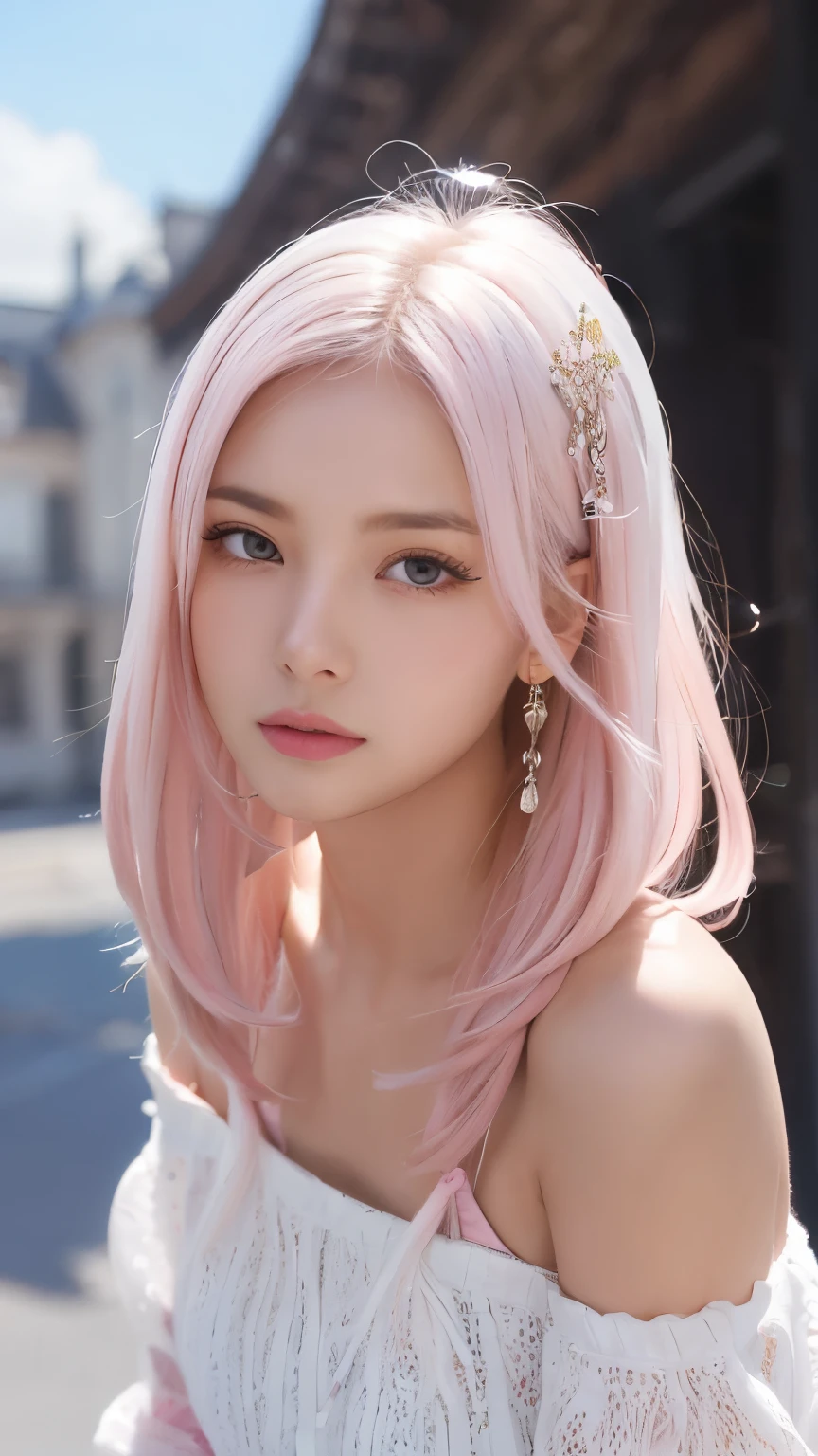 masterpiece, highest quality , enlightenment,1 perfect portrait of a girl, A fascinating eye for perfect detail, (pink+white soft hair:1.6), Fantasy sky-blue background, {exposed bare shoulders} ,{long-term alienation_sleeve}, {lean forward a little}, If you look up, hair ornaments, {shy },please shut your mouth, head tilt, movie lighting, oversized clothes, ((seductive pose)), (Beautiful nipples),(Are thin),